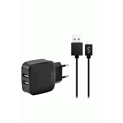 Fonex 2xUSB travel charger with USB TYPE-C cable, 2.1A, black