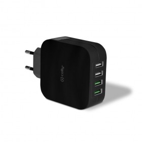 Celly travel charger with 4 USB plugs 4,8A, Black